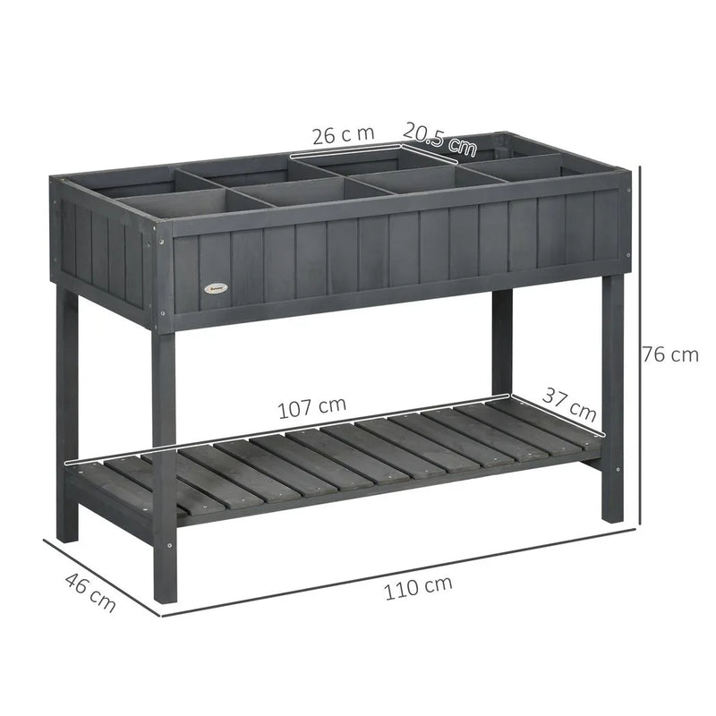 Outsunny Fir Wood Raised Rectangular 8 Compartment Plant Stand Dark Grey