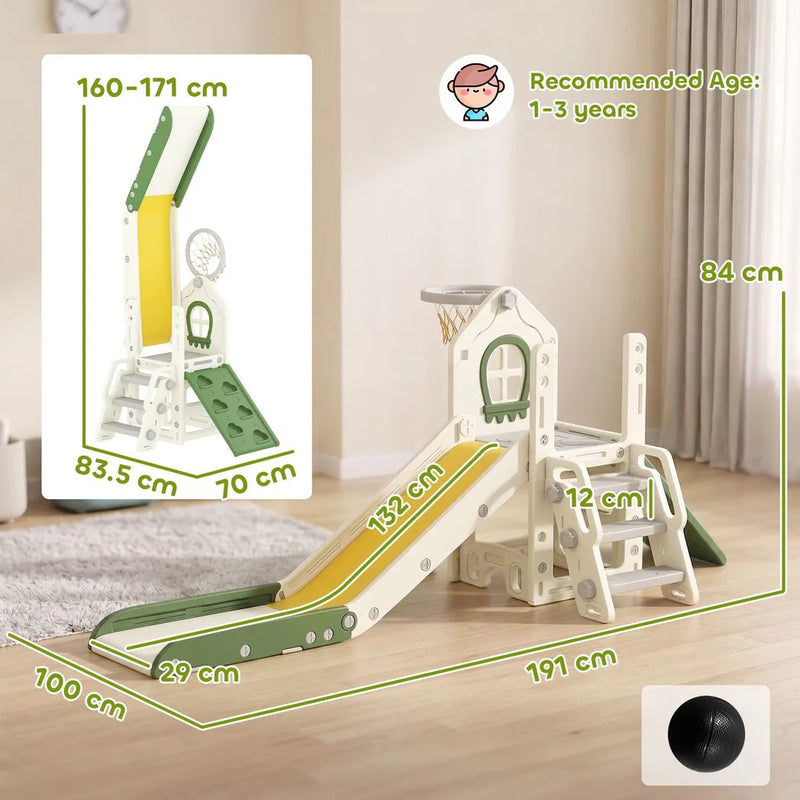 AIYAPLAY Foldable 5 in 1 Toddler Slide with Ladder, Climbing Wall, Basketball Hoop, Storage and Basketball for 1-3 Years, Cream