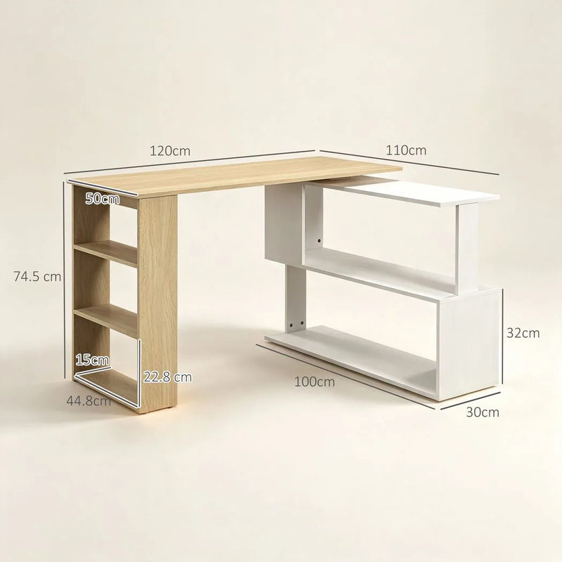 HOMCOM Corner Computer Desk, L Shaped Desk with 360° Rotating Bookshelf, 120L x 110W x 74.5H cm, Natural and White