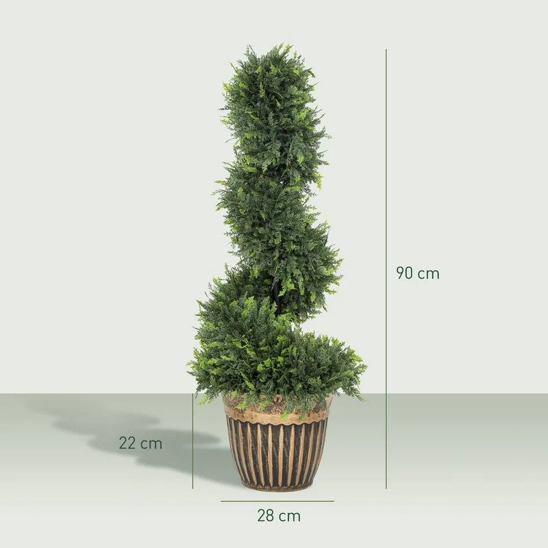 HOMCOM Set of 2 Artificial Plants, Topiary Spiral Boxwood Cypress Trees with Pot, for Home Indoor Outdoor Decor, 90cm
