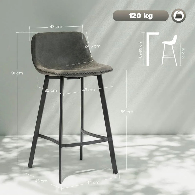 HOMCOM Bar Stools Set of 2, PU Leather Dining Stools with Backrest, Footrest, for Kitchen, Counter, Breakfast Bar, Grey