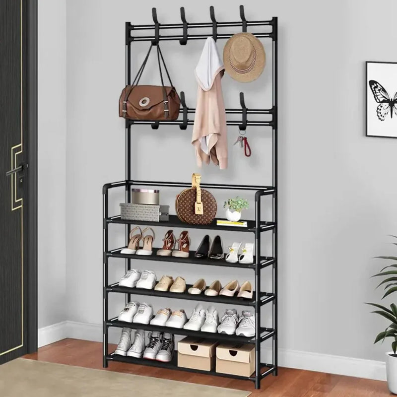 New Coat and Hat Stand 8 Hooks Metal Shoe Rack 5 Tiers Shelf Hanger Black