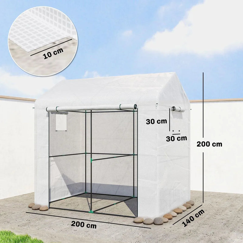Outsunny Walk-in Greenhouse, Outdoor Tomato Greenhouse with Roll-up Door and Mesh Windows, PE Cover, 200 x 140 x 200cm, White