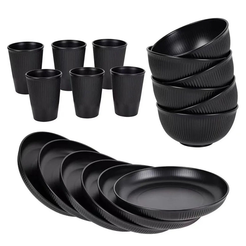 18PCS Round Dinner Set Wheat Straw Dining Plate Bowl Mug Unbreakable Dinnerware-Black