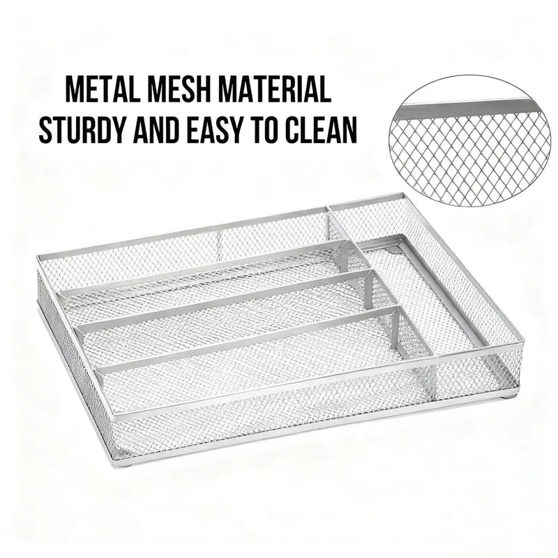 Kitchen Cutlery Drawer Organizer Carbon Steel Flatware Storage Divider with Anti Slip Foam Pads for Spoons Forks Stationery Silver