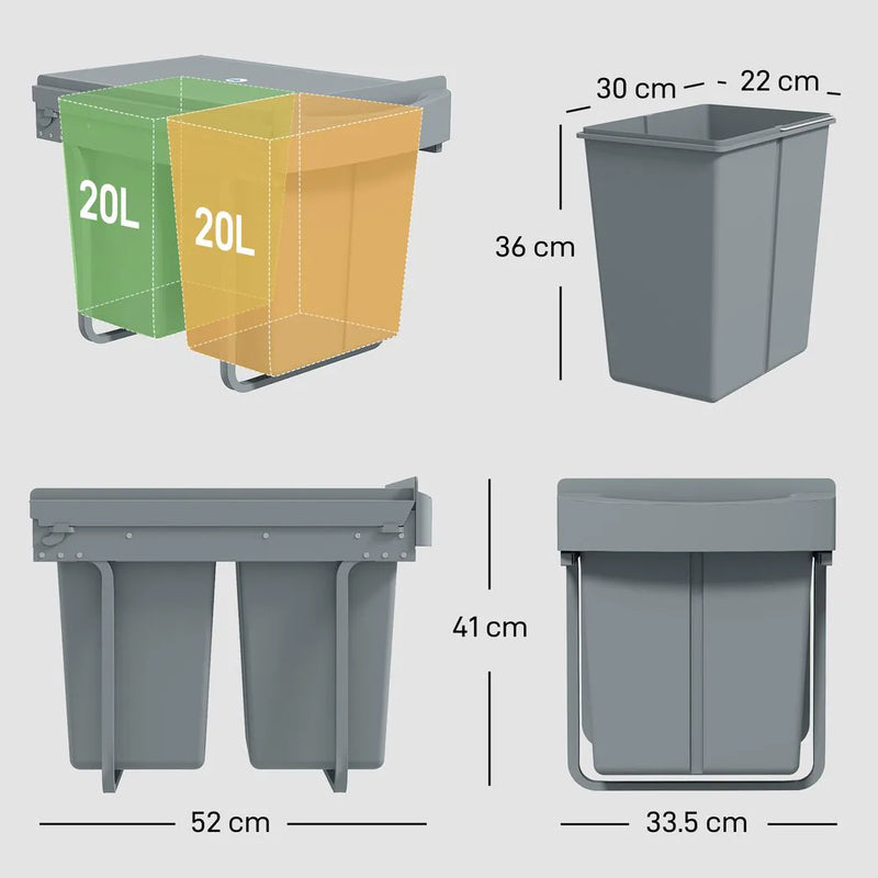 HOMCOM Pull Out Bin, Kitchen Under Sink Bin with 2 Removable Compartments, Smooth Glide, Grey
