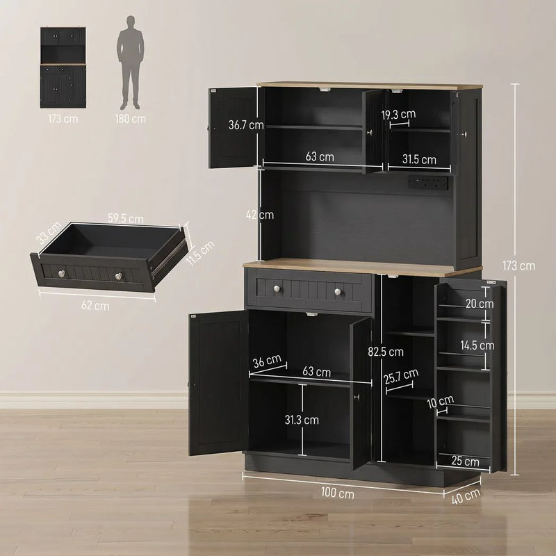HOMCOM 173 cm Tall Kitchen Cupboard with Charging Station, Pantry Storage Cabinet with Adjustable Shelves and 4 Door Racks