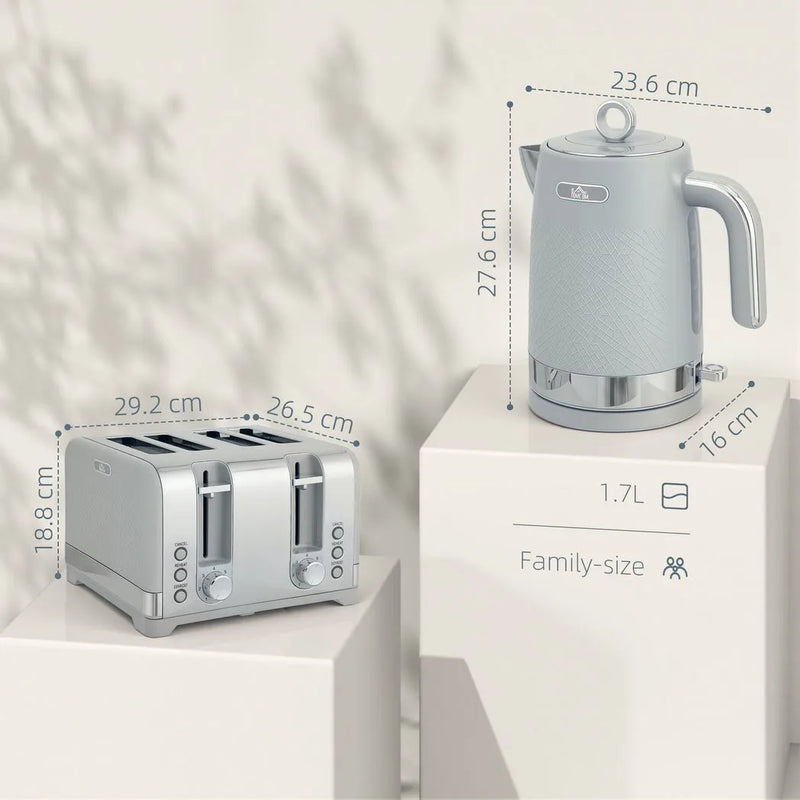 HOMCOM Sleek Textured Kettle and Four-Slice Toaster Set - Grey