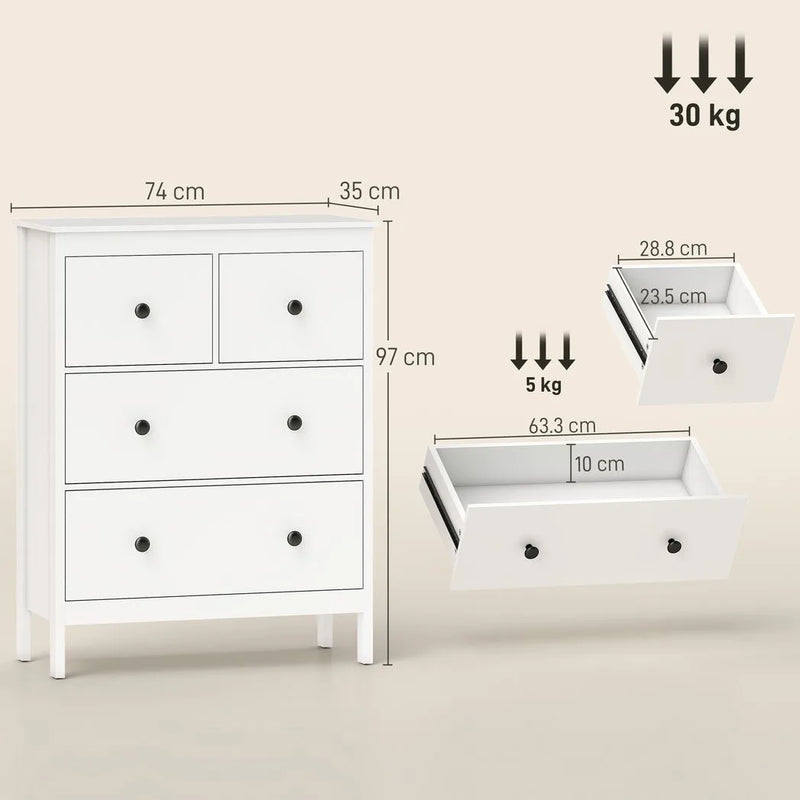 HOMCOM Modern Chest of Drawers, 4 Drawer Dresser Clothes Storage Organiser for Living Room, Hallway, Entryway, White