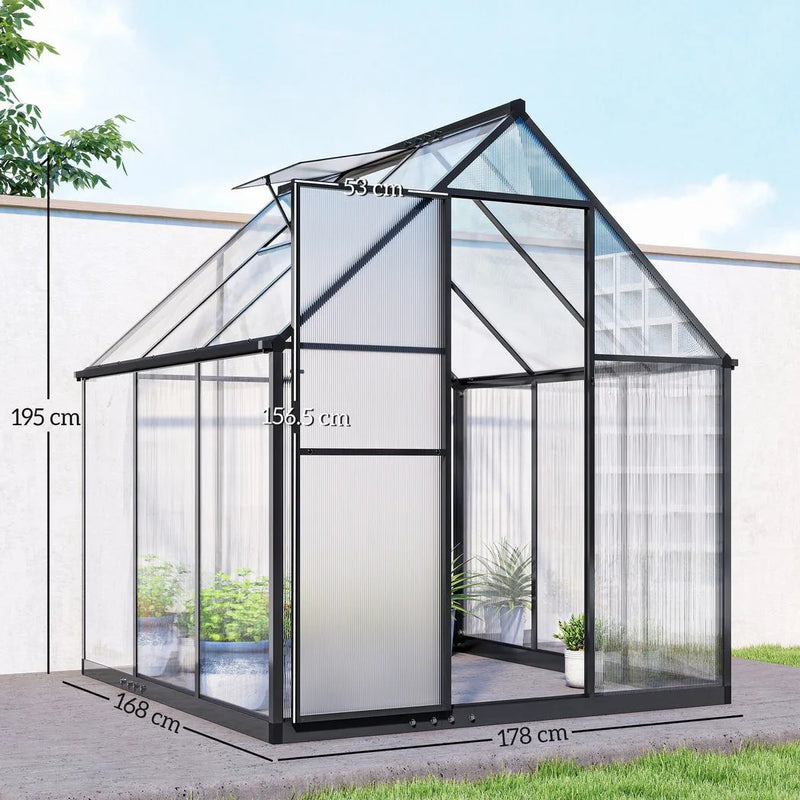 Outsunny 6 x 5.5ft Polycarbonate Greenhouse, Quick Setup Walk in Green House, Push Door, Adjustable Roof Vent, Rain Gutter, Black
