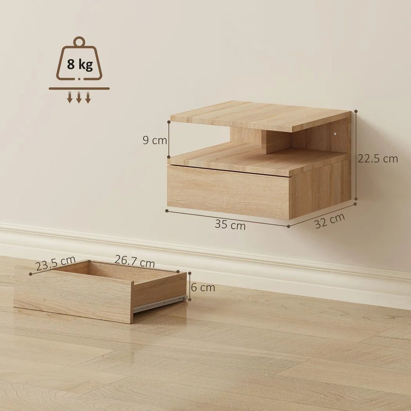 HOMCOM Set of Two Floating Bedside Tables - Oak