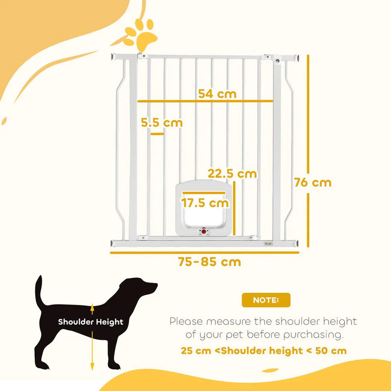 PawHut Adjustable Pet Gate with Cat Door, Pressure Fit Barrier for Doorway and Hallway, 75-85 cm, White
