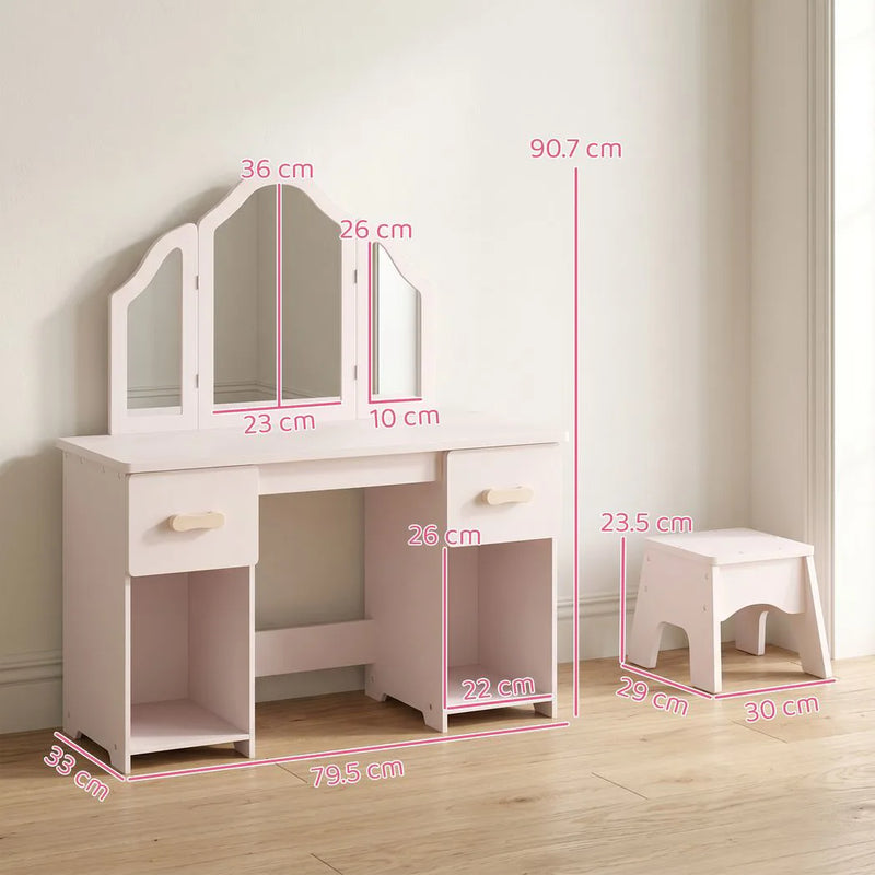 AIYAPLAY Kids Dressing Table, Kids Vanity Table and Chair Set with Tri-Folding Mirror, 2 Drawers, 2 Cabinets for Girls 3, Pink