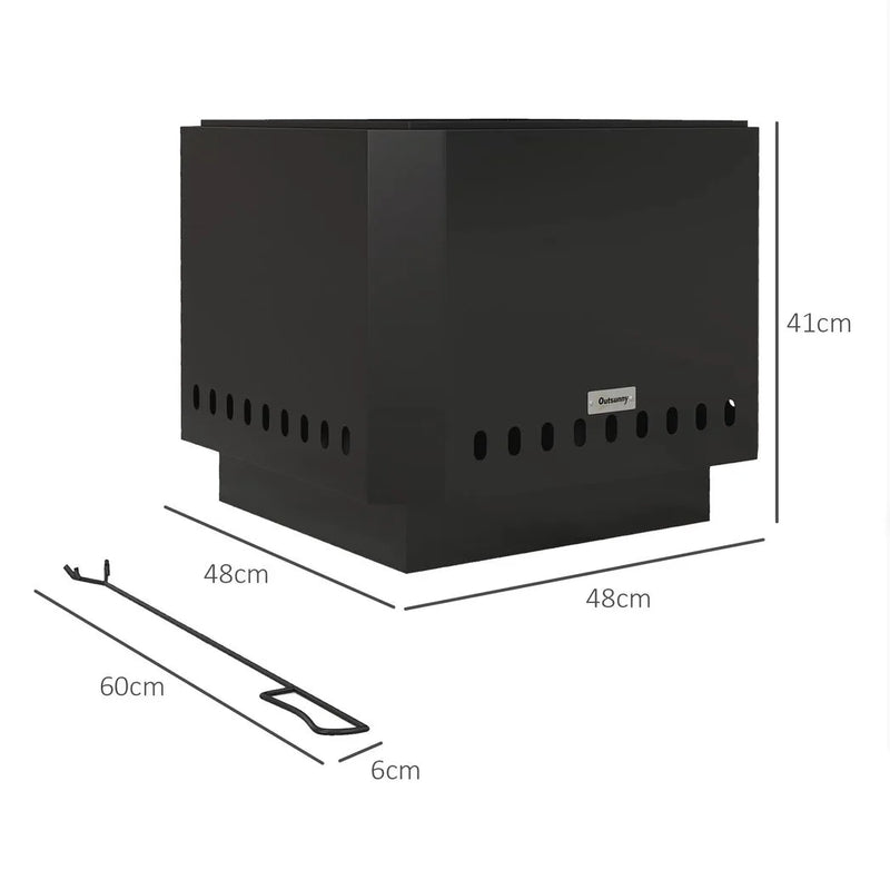 Outsunny Smokeless Fire Pit, 48 cm Portable Wood Burning Firepit, Square Metal Bonfire Stove with Poker, Black