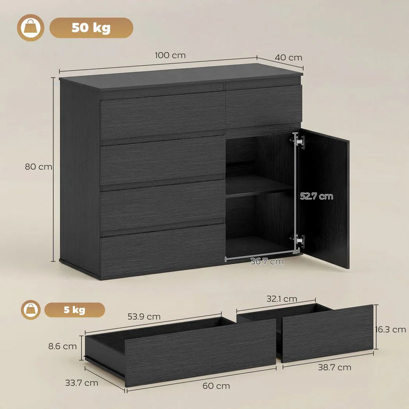 HOMCOM Modern Chest Of Drawers, 5 Drawer Dresser with Adjustable Shelf, Soft-Close Door, Black
