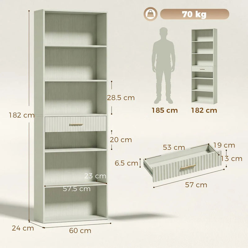 HOMCOM Bookcase Narrow Tall Space-Saving Bookshelf Drawer Open Shelves 60 x 24 x 182 cm Light Green