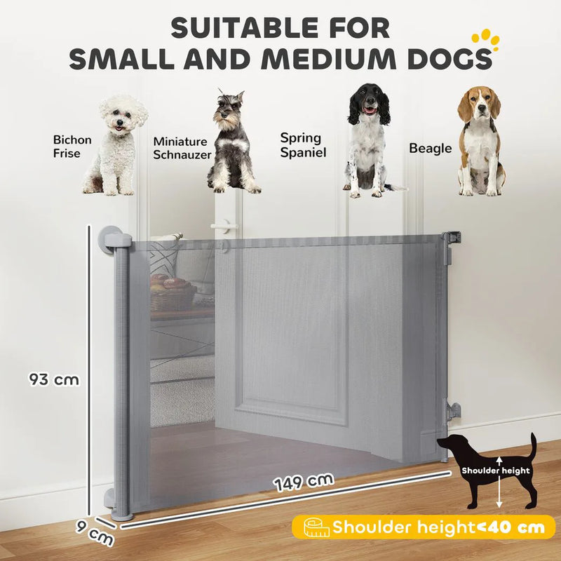 PawHut Retractable Dog Gate, Extends to 140 cm Wide & 93 cm Tall, Mesh Pet Gate with Single Hand Operation, for Stairs Doorways