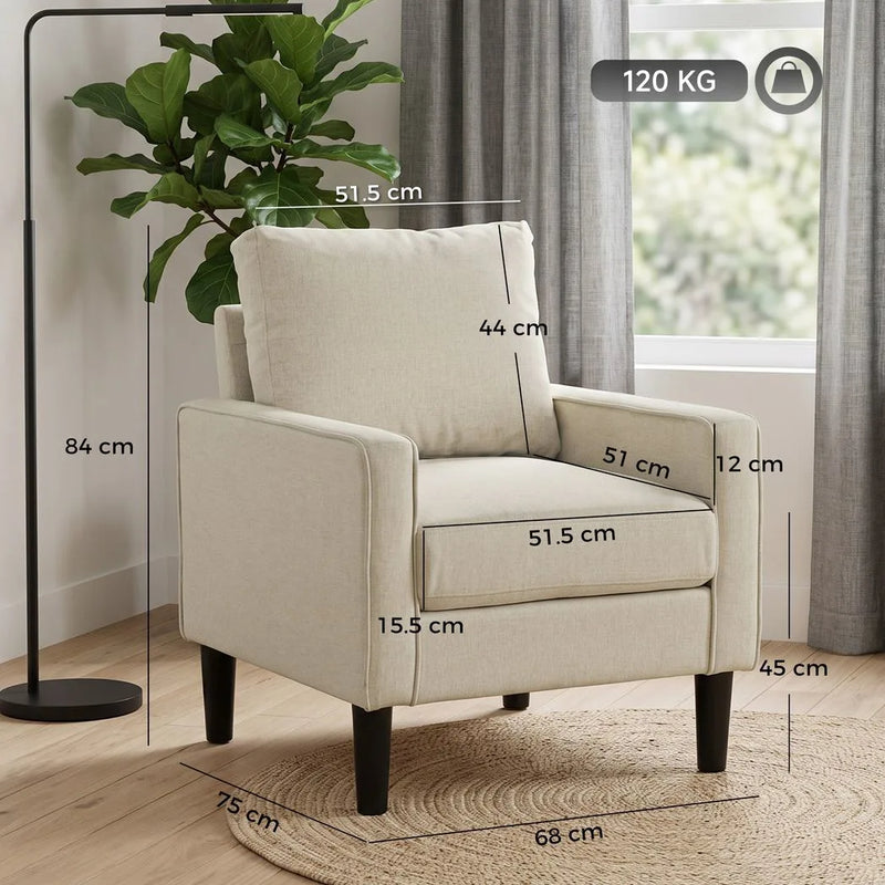 HOMCOM Accent Chair, Removable Pillow Linen Armchair with Comfy Spring Cushion for Living Room, Bedroom, Study, Cream