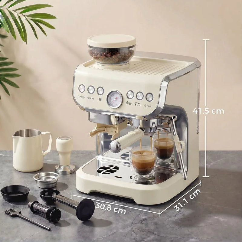 HOMCOM 15 Bar Coffee Machine, with Adjustable Grind, Steamer and Accessories - Cream White