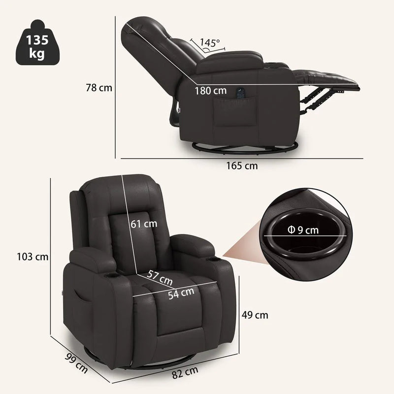 HOMCOM PU Leather Recliner Chair, Recliner Armchair with Extended Footrest, Cup Holders and Side Pockets, Dark Brown