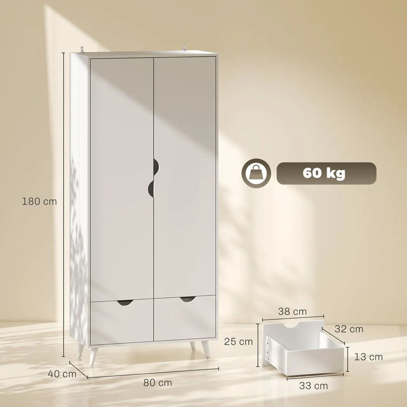 HOMCOM Elegant Home Storage Organisation Furniture, 2-Door Clothes Wardrobe with 2 Drawers, Wood Feet, White