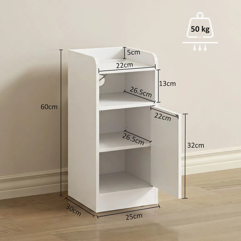 HOMCOM Slim Bedside Table Set of 2 with Charging Station, Narrow Bedside Cabinet with Adjustable Shelf, White