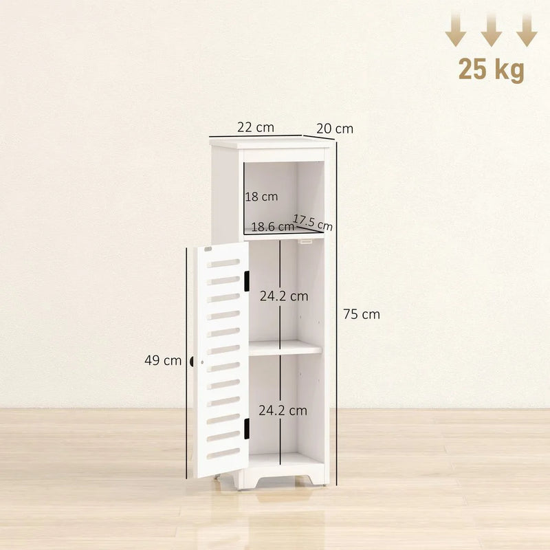 HOMCOM Bathroom Floor Cabinet, Bathroom Storage Unit with Louvered Door, Open Shelf, Adjustable Shelf, White, 22 x 20 x 75 cm
