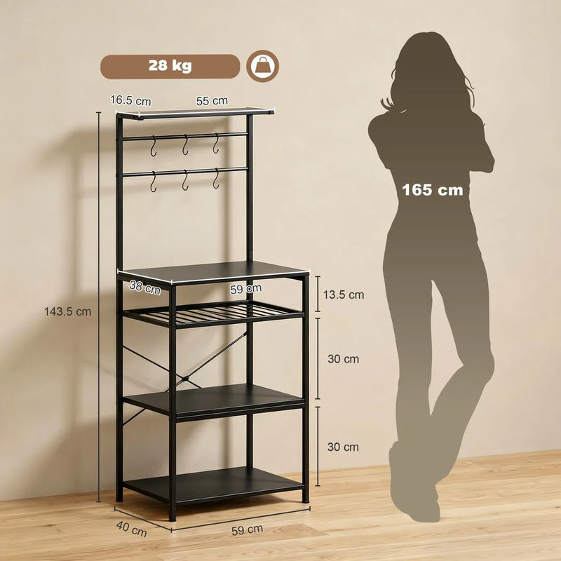 HOMCOM Freestanding Shelving Unit, Industrial Storage Shelf with 6 Hooks and Wine Rack for Living Room, Home Office, Black