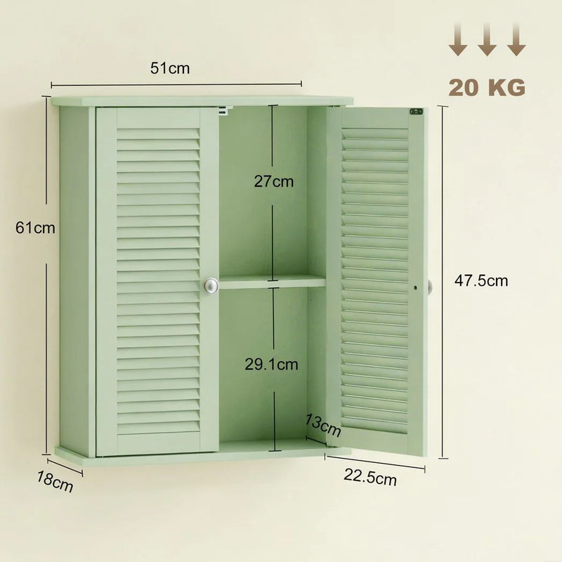 HOMCOM Bathroom Cabinet, Bathroom Wall Cabinet with Louvered Doors and Adjustable Shelf Storage for Kitchen, Light Green