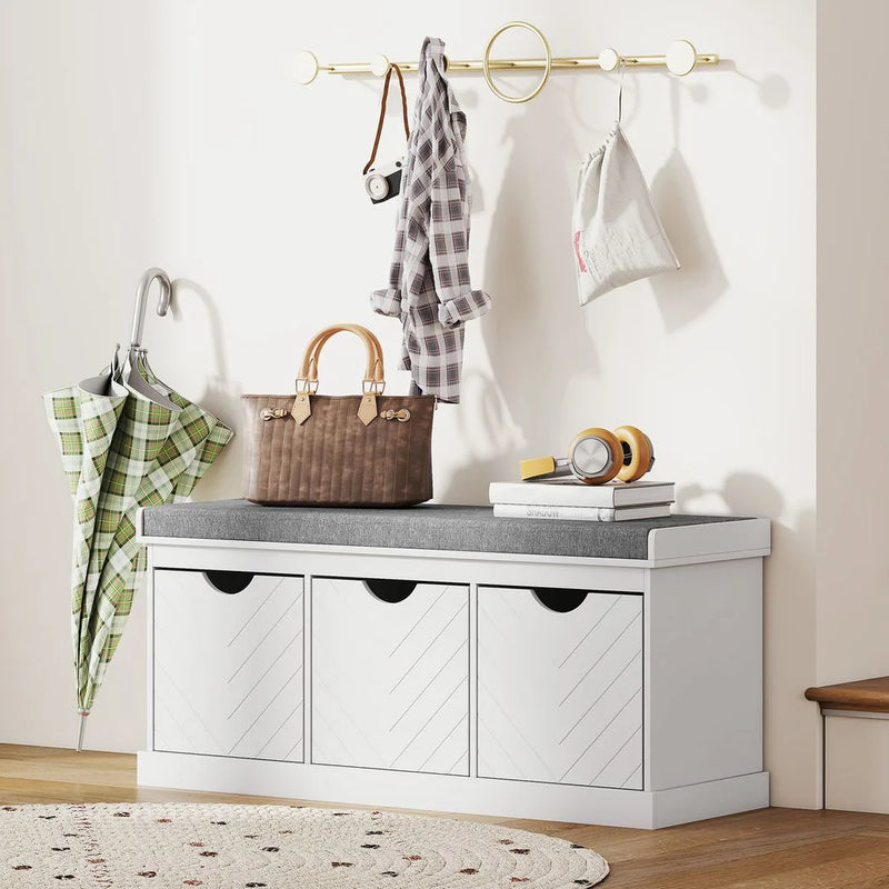 HOMCOM 3-Drawer Padded Shoe Bench with Breathable & Washable Linen-look Cover, White