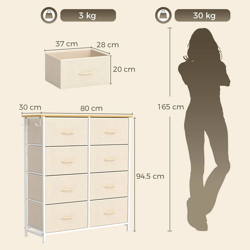 HOMCOM Chest of Drawers, Dresser with 8 Fabric Drawers, Tall Storage Unit with 4 Pockets and 2 Hooks Steel Frame, Beige