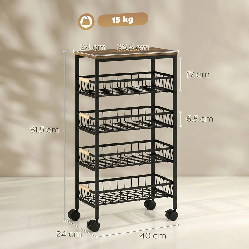 HOMCOM Metal Kitchen Trolley, 4-Tier Storage Trolley with Pull-Out Baskets and 4 Swivel Casters for Kitchen, Rustic Brown