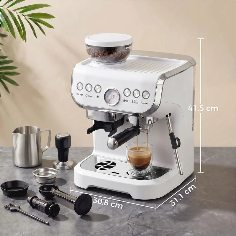 HOMCOM 15 Bar Coffee Machine, with Adjustable Grind, Steamer and Accessories - White
