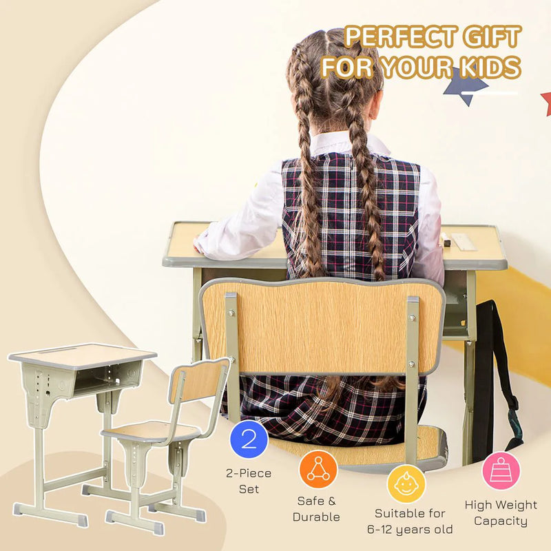 HOMCOM Height Adjustable Kids Desk and Chair Set with Storage Compartment, Bag Hook and Pen Holder, for 6-12 Years, Grey