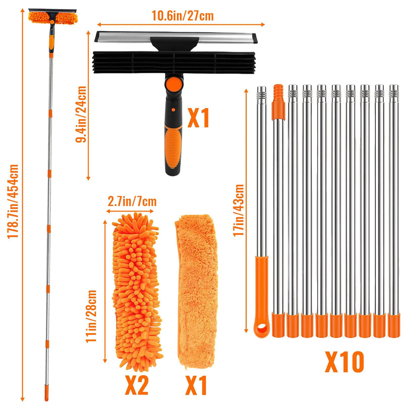 4.5m 15ft Telescopic Window Cleaning Brush Kit Extending Wash Head Squeegee High