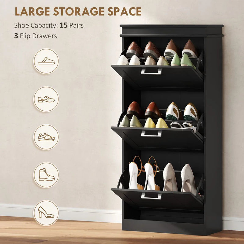 HOMCOM Three-Drawer Minimalistic Shoe Cabinet - Black