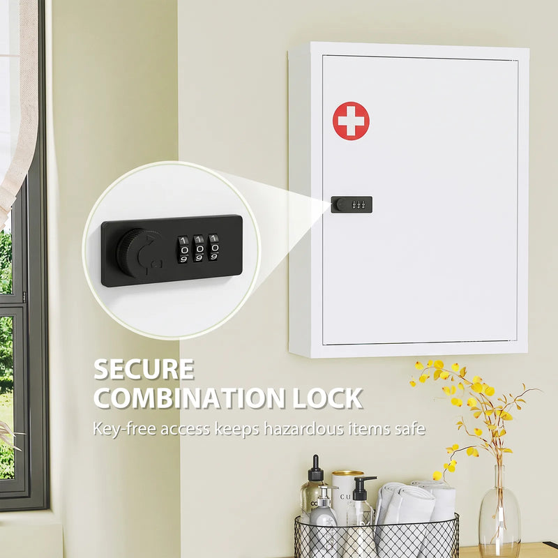 HOMCOM Wall Mount Medicine Cabinet, Bathroom Cabinet with Combination Lock, Door and Storage Shelves, White