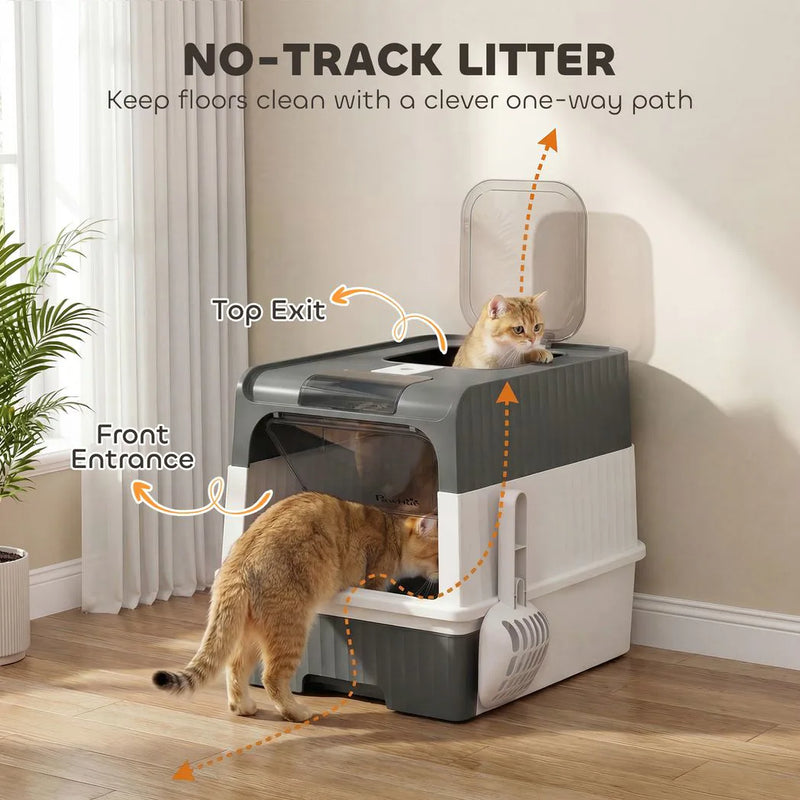 PawHut Enclosed Cat Litter Box with Lid, Pull-Out Drawer Tray, Scoop, 2 Deodorisation Bags, Front Entry & Top Exit, Grey