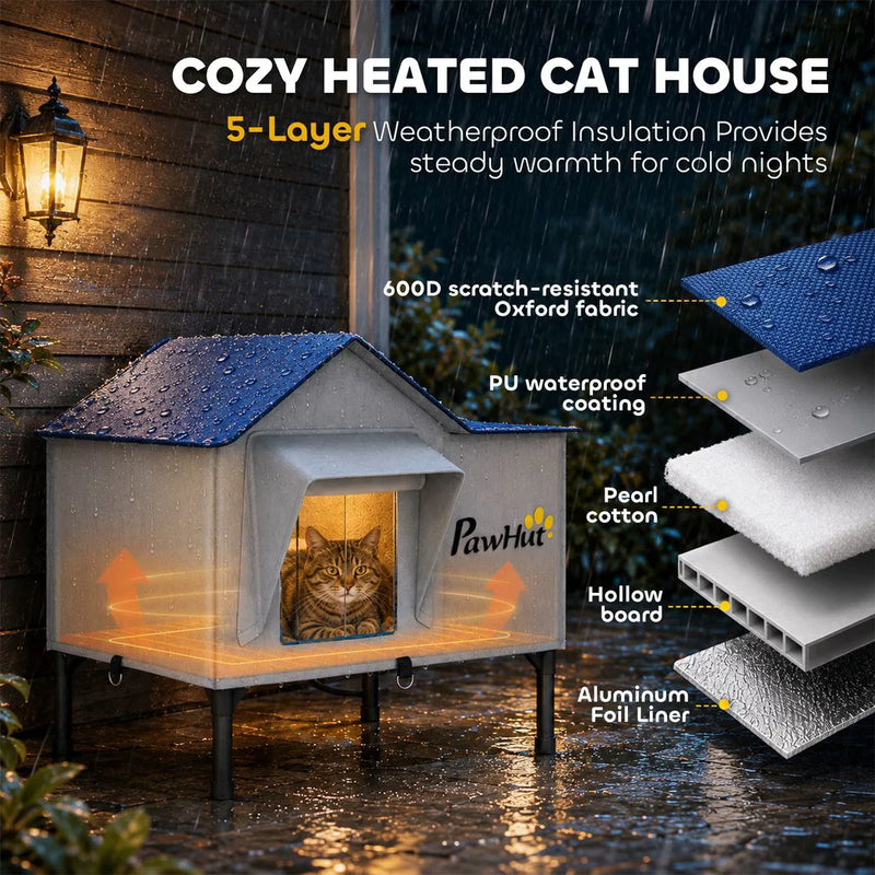 PawHut Heated Cat House Weatherproof w/ Heating Pad, Elevated Base, Escape Door, Cat Winter Shelter for Stray, Barn Cats