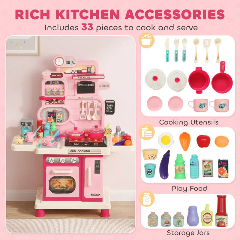 AIYAPLAY Play Kitchen, 33 PCS Kids Kitchen Playset with Lights, Sounds, Storage, Circulating Water Sink for 3-6 Years, Pink