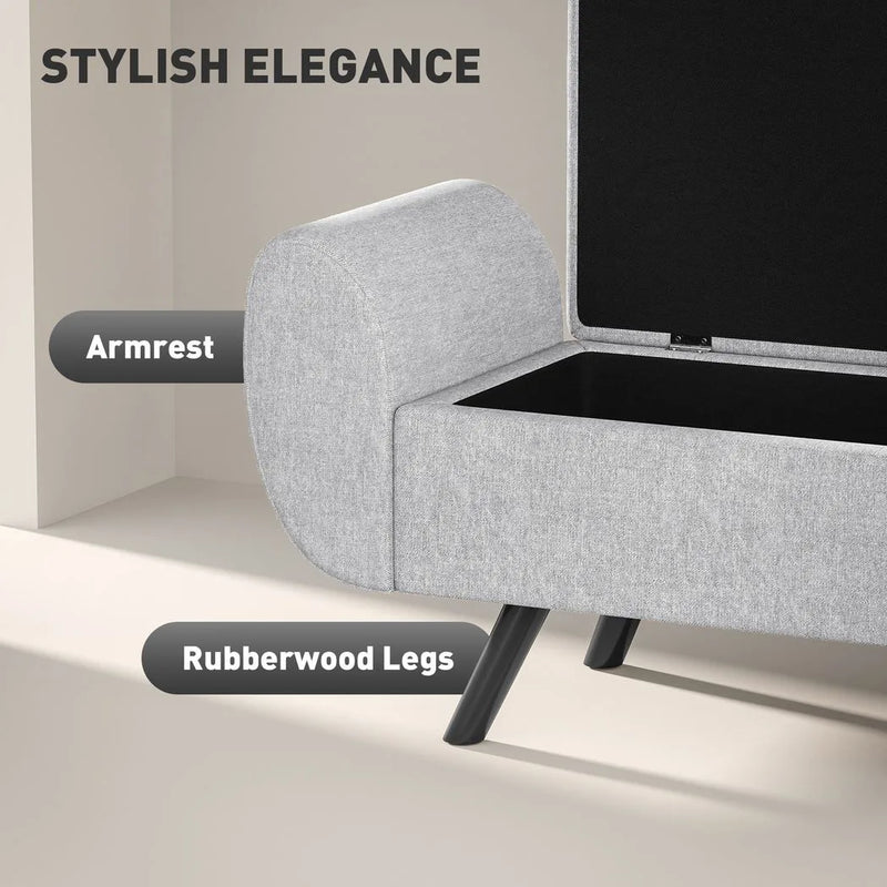 HOMCOM Storage Ottoman with Armrest, Window Seat, Upholstered Linen Storage Bench with Rubberwood Legs, Footstool for Bedroom Living Room, Hallway, Light Grey