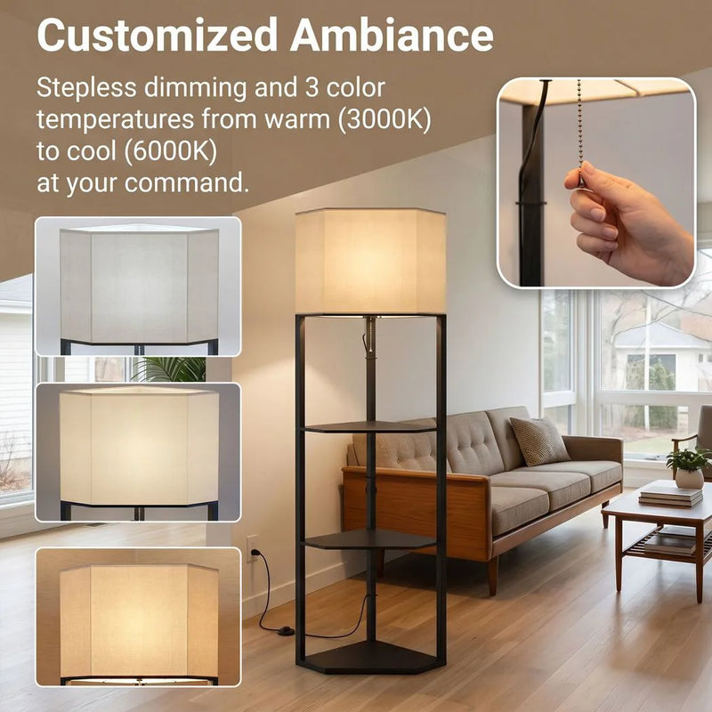 HOMCOM Corner Floor Lamp with Shelves and Lights, Modern Dimmable Standing Lamp with 3000K/4000K/6000K Colour Temperature