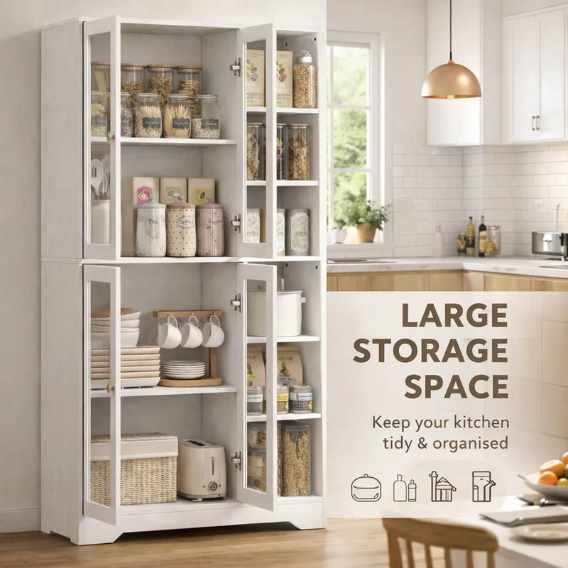 HOMCOM Multi-Storage Kitchen Cabinet, with Glass Doors - White Wood-Effect