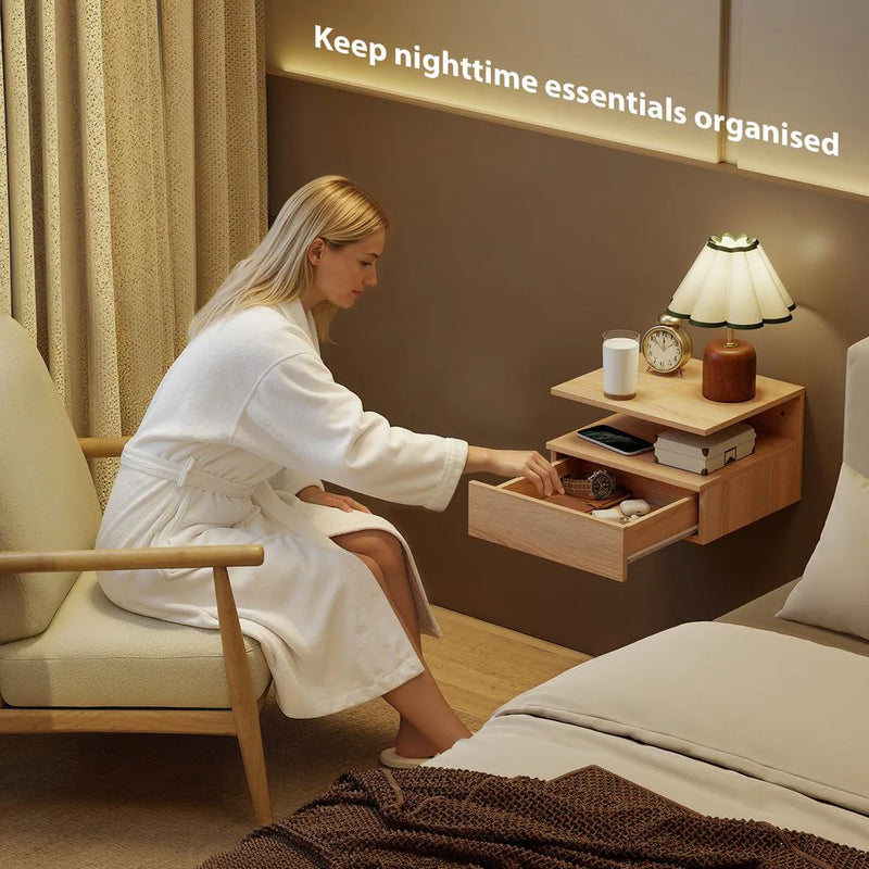 HOMCOM Set of Two Floating Bedside Tables - Oak