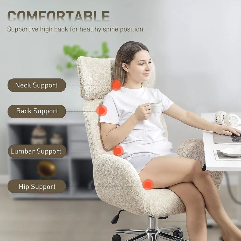 HOMCOM Office Chair with Adjustable Headrest, Spring Pack, Curved Line, Boucle Fabric - Pale Grey