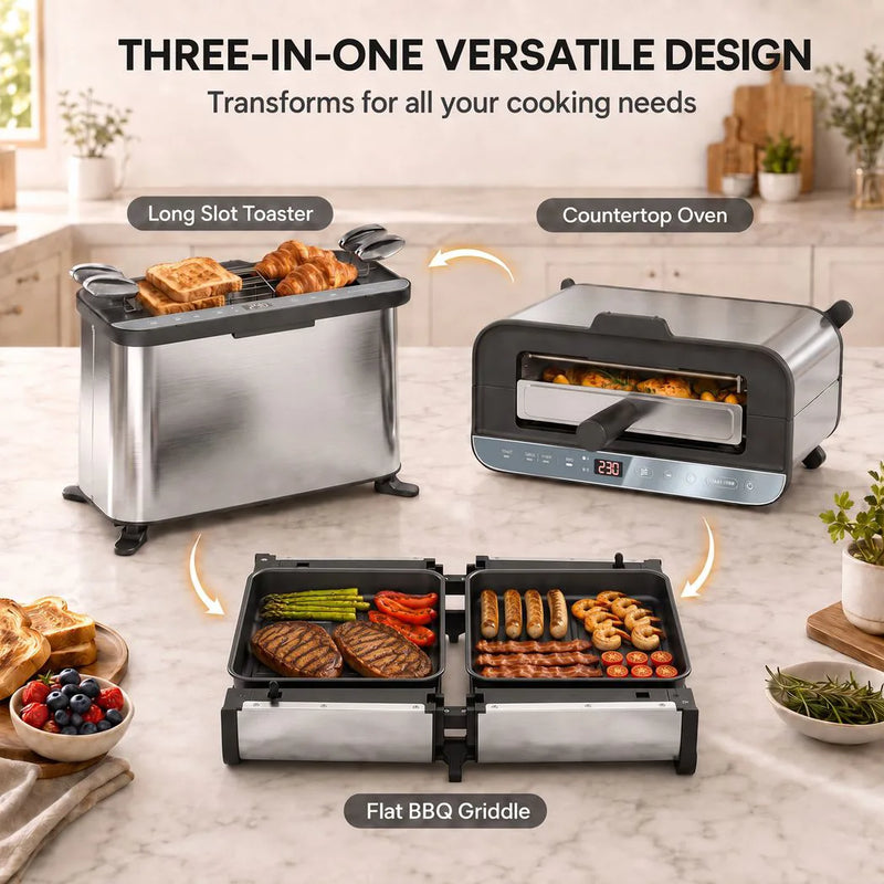 HOMCOM 3-in-1 Electric Mini Oven, Long Slot Toaster and Tabletop Grill, with LED Display, 60 Min Timer, Stainless Steel, 1700W