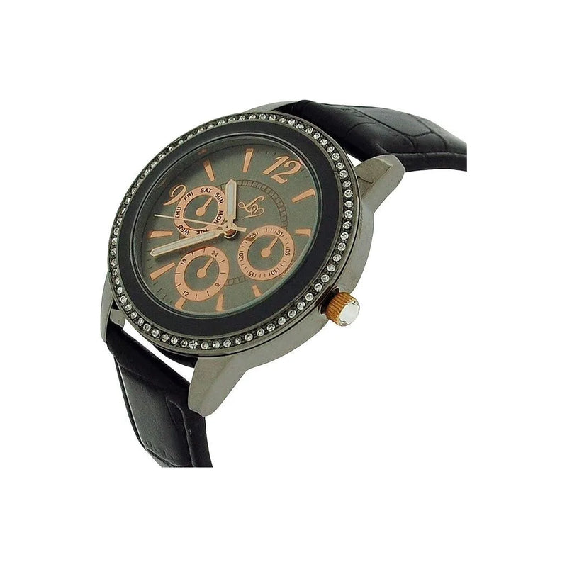 Lipsy London Ladies Bling Bezel Chrono Effect Dial Black Leather Strap Watch LP284 - CLEARANCE NEEDS RE-BATTERY
