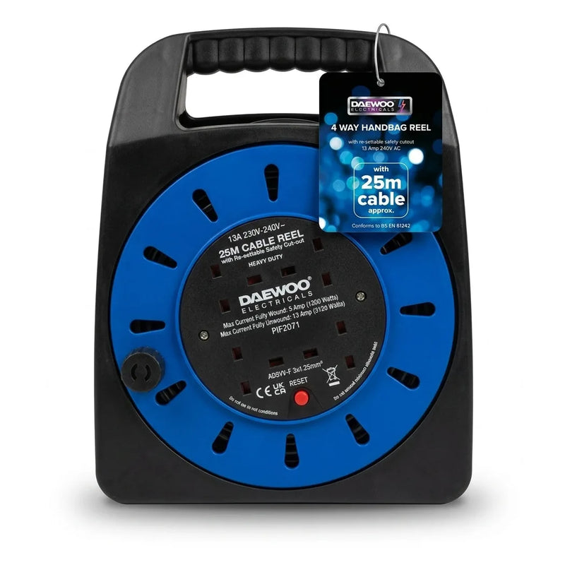 4 Gang E x tension Reel With 25 Metre Cable – Heavy Duty Handbag Reel