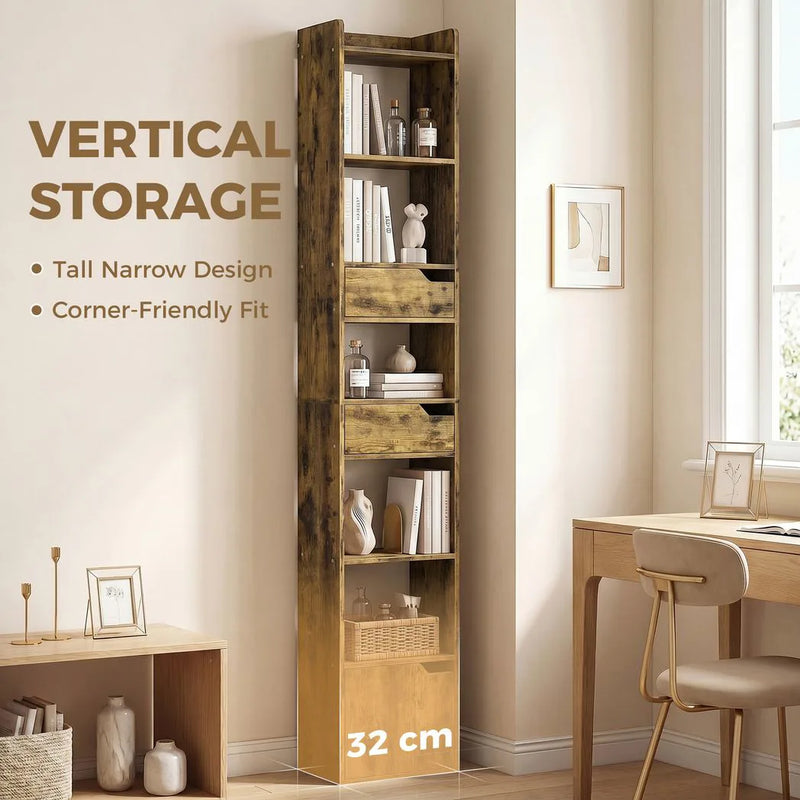 HOMCOM Bookcase Tall Narrow with 5 Tiers and Drawers Freestanding Bookshelf Storage Cabinet for Living Room Rustic Brown