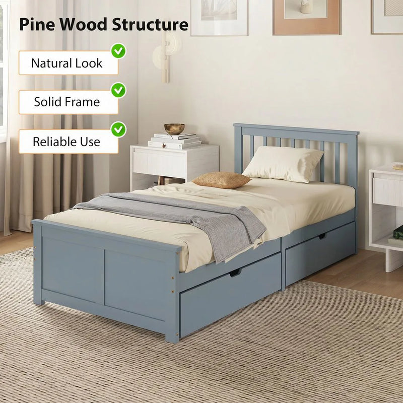 HOMCOM Pine Storage Bed, 3ft Single Solid Wooden Bed Frame with Drawers, Headboard, Wood Slat Support, Grey